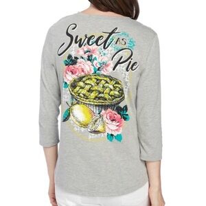 Kim Rodgers V-Neck 3/4 Sleeve Top Heather Grey Lemon Pie Graphic T-Shirt Medium